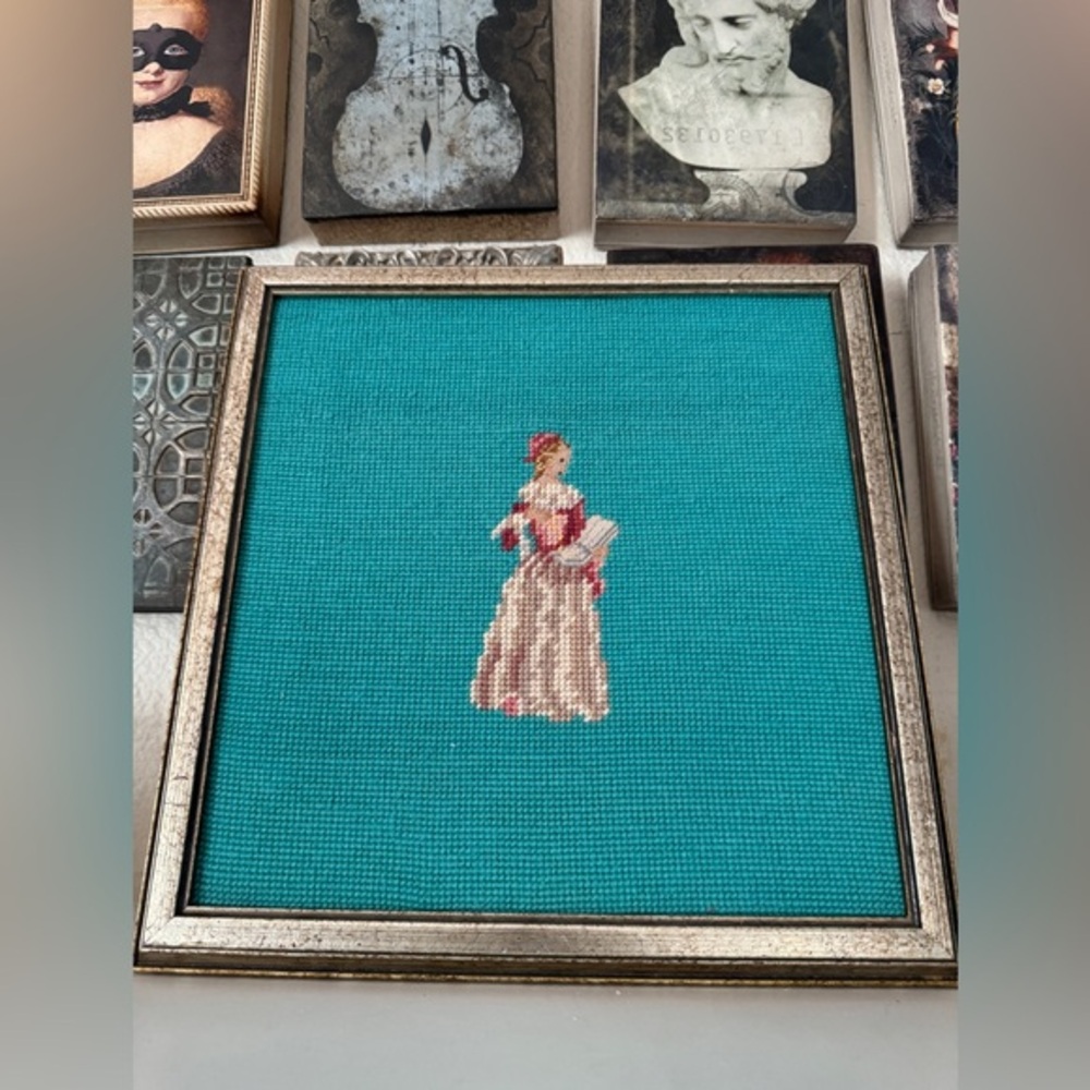 Vintage Needlework of a Lady in‎ Historical Dress Professionally Framed
